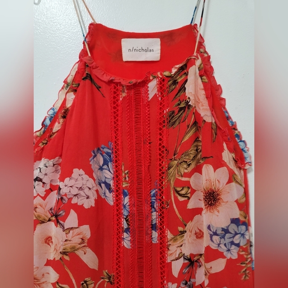 NICHOLAS X Revolve Red Floral Crochet Trimmed Silk Halter Mini Shift Dress Sz6 - Picture 3 of 16